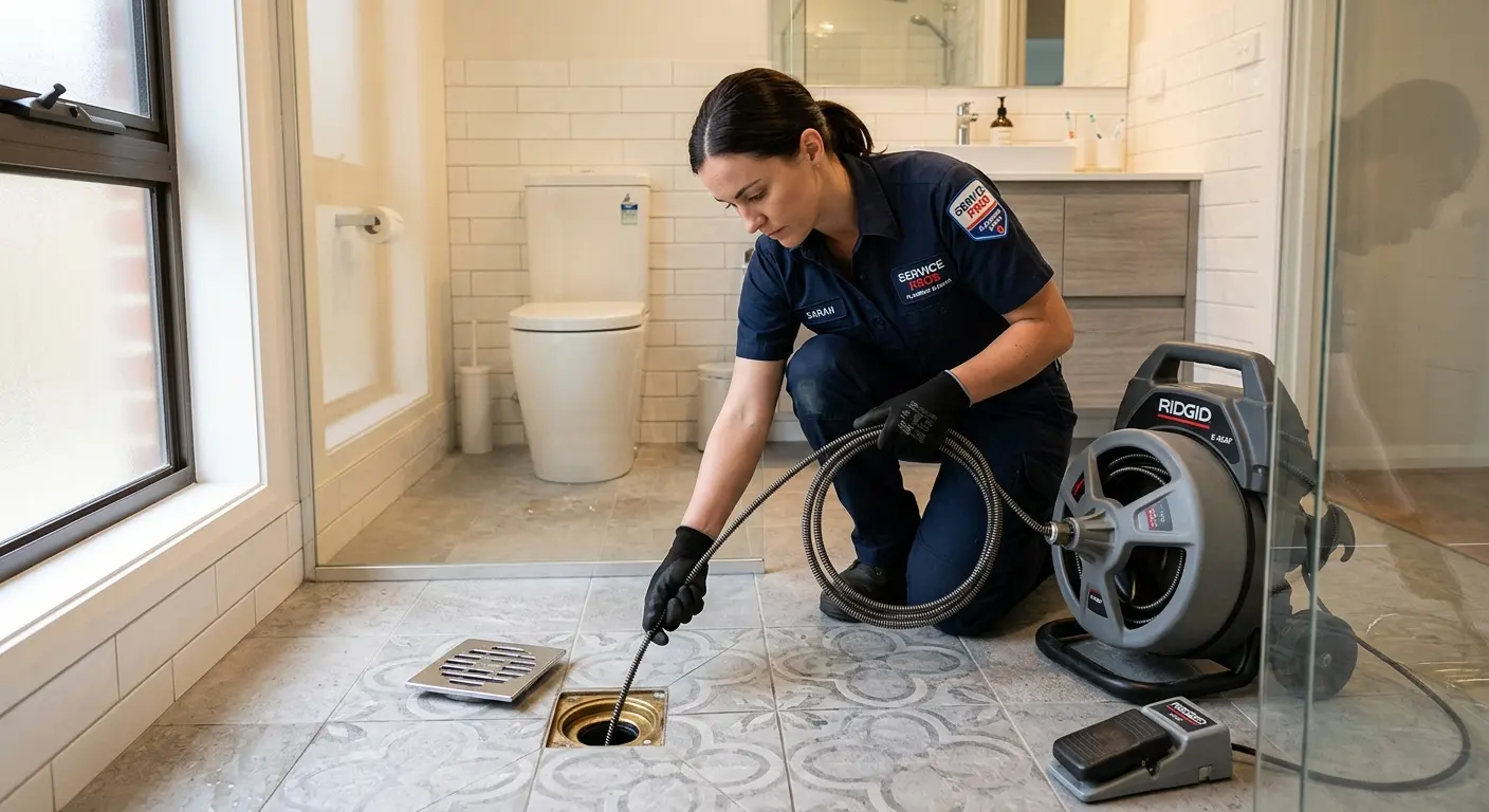 Technician clearing a bathroom floor drain for Hydro Jetting in Madison